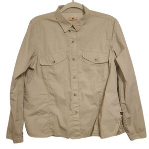 Woolrich | Women's Khaki Button Down Athleisure Tab-Button Shirt (Size Large)